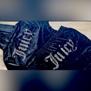 Tracksuit 2Pc Set Velour Rhinestone “Juicy” Zip Crop Hoodie Jogger Pants Black M